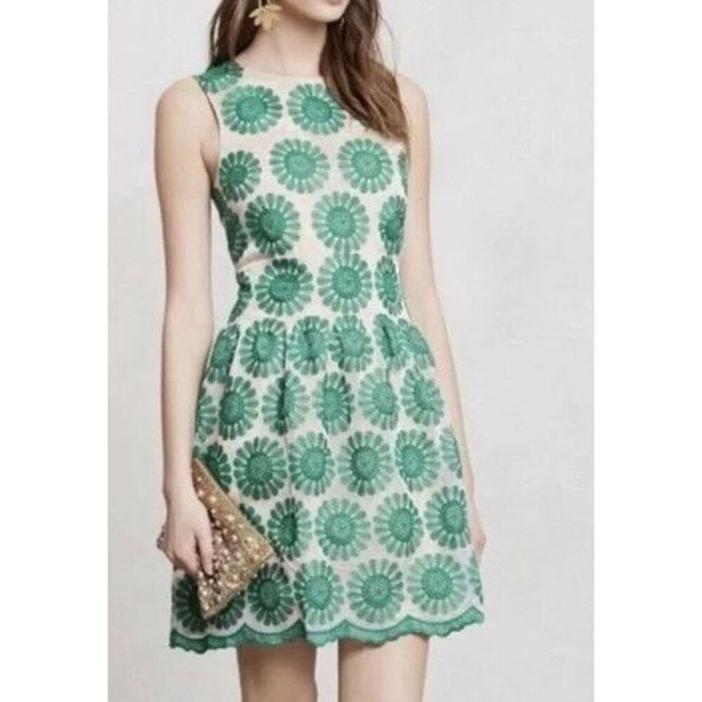 leifsdottir White Mini Dress with Green Floral Appliqué